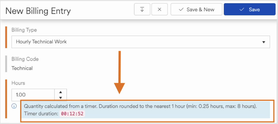 New billing entry form showing timer duration and calculation details for hours worked.